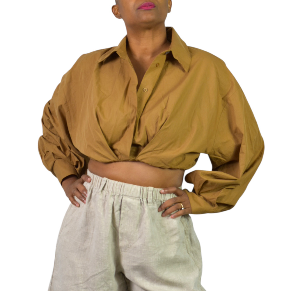 Zara Balloon Sleeve Shirt Brown Poplin Crop Button Front BlouseCollared Medium